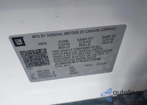 2019 Chevrolet Equinox Lt из США, поврежденный, VIN 2GNAXUEV3K6273348